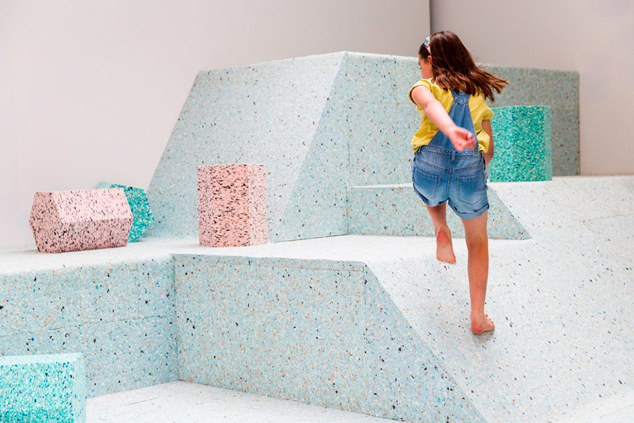 In a 2015 collaboration between Assemble studio and artist Simon Terrill, post-war concrete playground structures were recreated in pastel foam to present three unique opportunities for play.