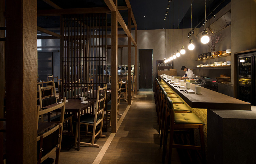 The ground level at Sosharu, designed by Beijing-based Neri & Hu architecture studio, utilized the traditional Japanese notion of the "izakaya," an eating and drinking den, when constructing the aesthetic for Jason Atherton's latest restaurant, which opened just last month in March 2016. Image credit Neri & Hu architects.