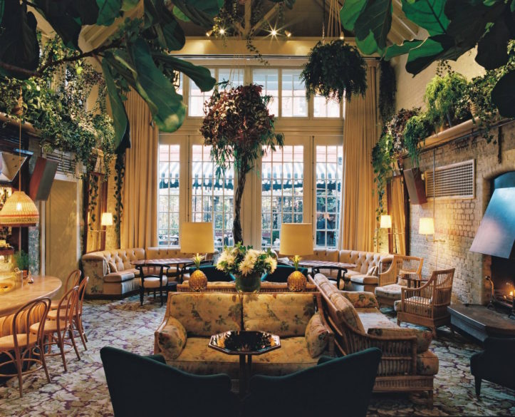 The jungle-like lobby bar which leads out onto the patio.