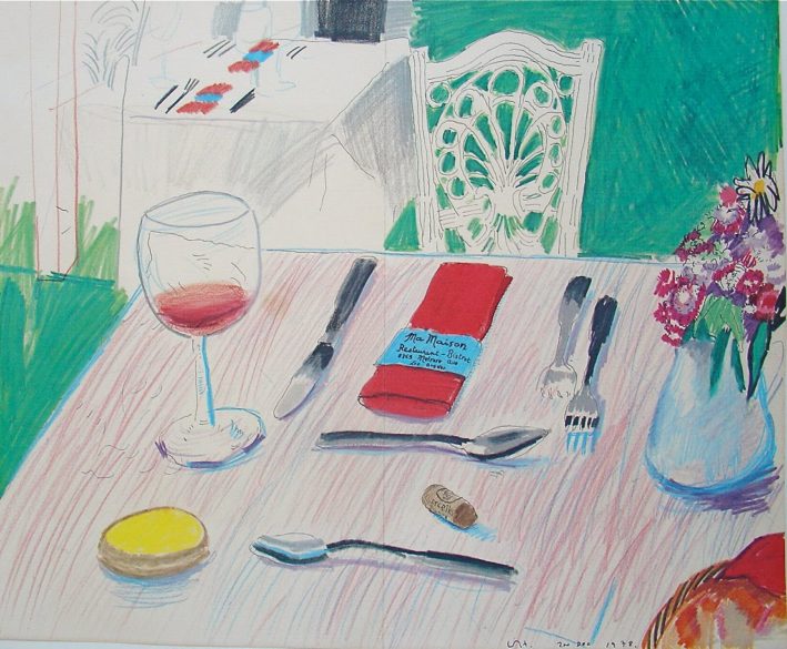 David Hockney's 1978 menu cover for Ma Maison restaurant. Hockney also designed the menu covers for Odin's, Langan's Brasserie and the Neal Street Restaurant. Image via Christie's. 