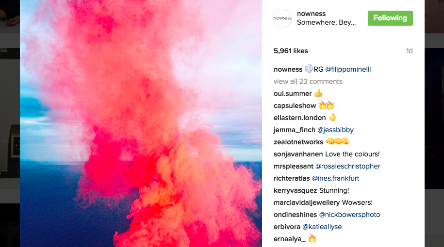 Nowness's Instagram feed is primarily a collaged curation of pre-existing content both old and new. Contorting to the format and function of the site, Nowness reduces its text (just there to give credit to the artist represented or humour, e.g. 'Mondays be like' and lets a waterfall of dazzling and evocative imagery take over. 