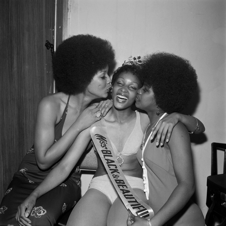 Miss Black & Beautiful Sybil McLean with fellow contestants, Hammersmith Palais, London, 1972.