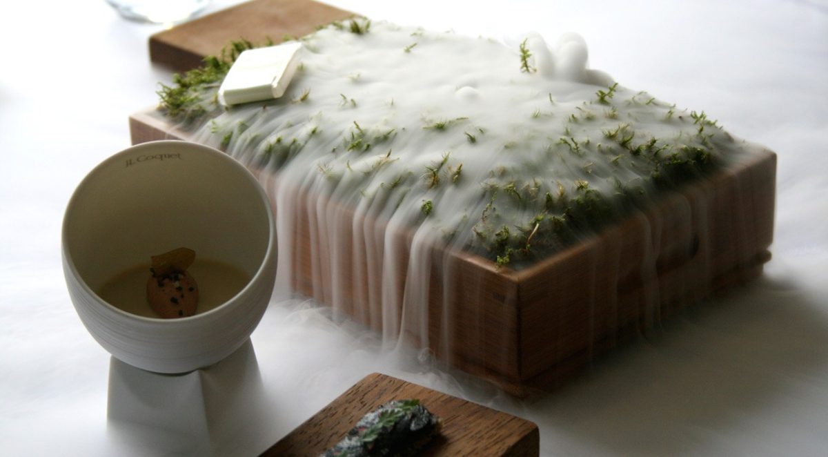 Oak moss and truffle toast, quail jelly, langoustine cream &amp; foie gras parfait (via The Fat Duck)